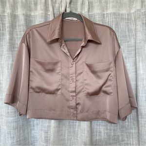 Boxy Satin Button Down Cropped Shirt